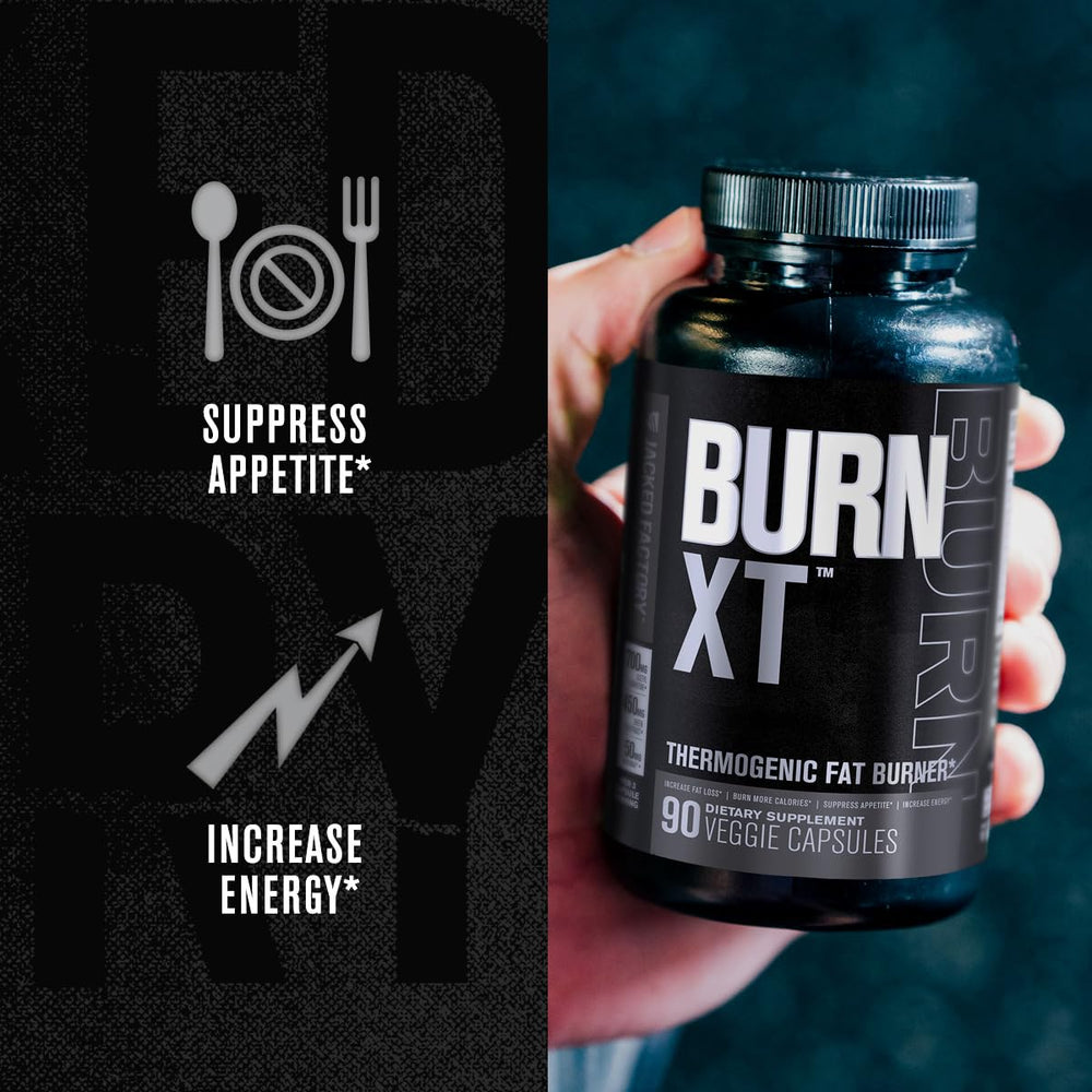 Jacked Factory Burn XT Black TeaCrine close-up highlighting sustained energy potential.