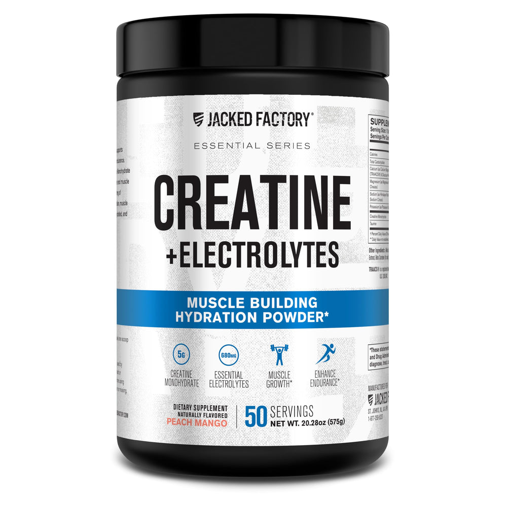 Jacked Factory Creatine + Electrolytes Peach Mango bottle label
