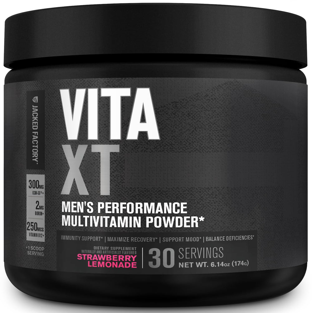 Jacked Factory Vita XT Powder Strawberry Lemonade canister with scoop