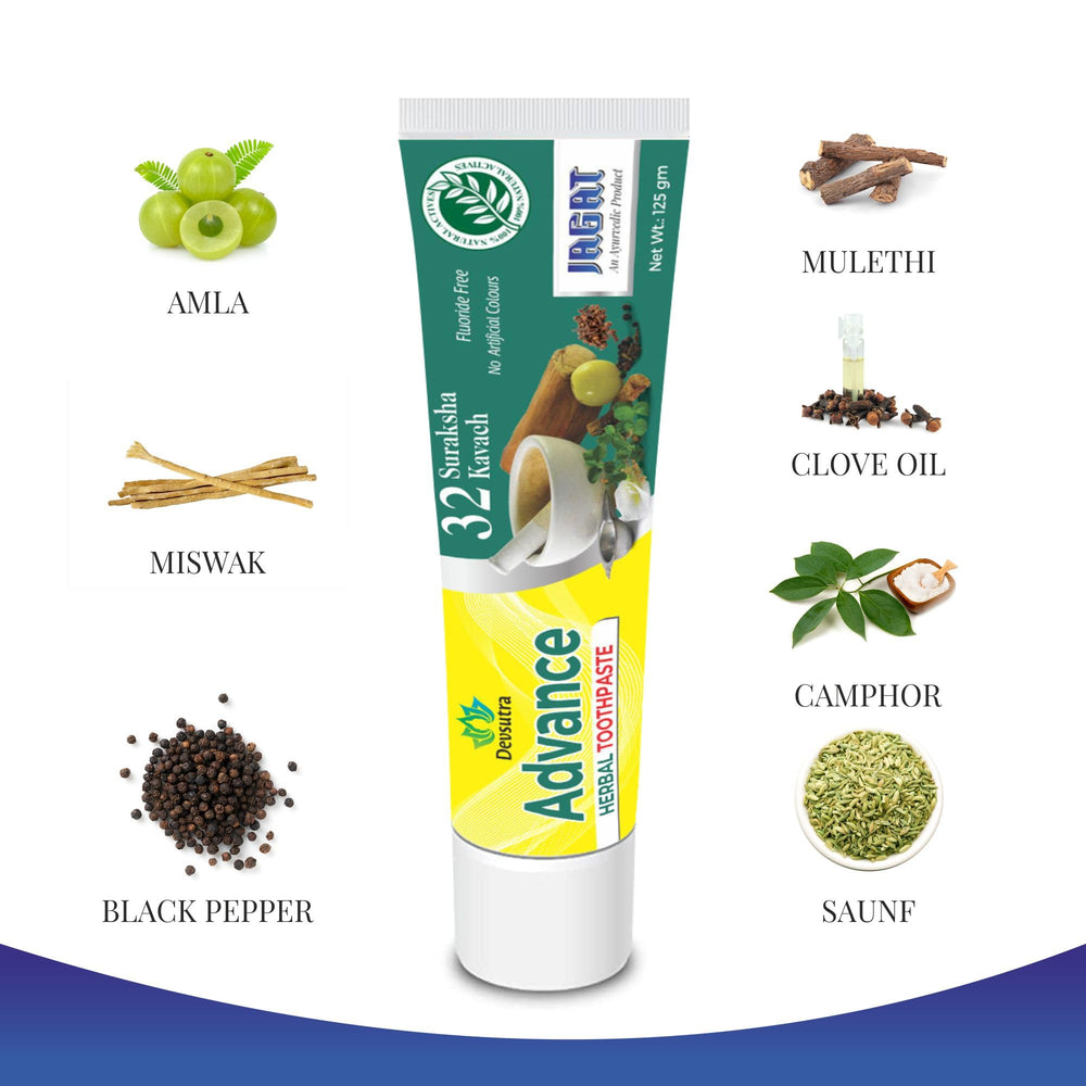 Close-up of Jagat Devsutra Advanced Toothpaste label