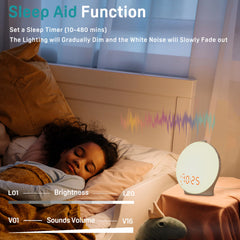 JALL Sunrise Alarm Clock with 25 sounds, soothing options for sleep and focus.
