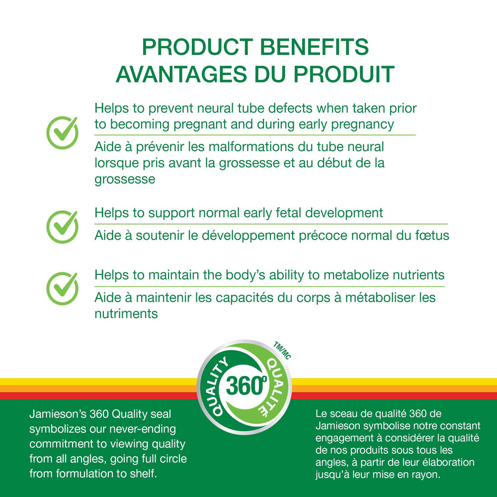 Product label for Jamieson Folic Acid 1 mg 100 tablets