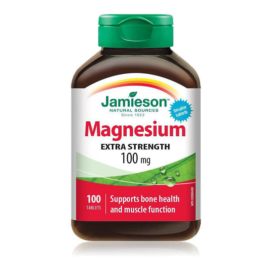 Jamieson Magnesium 100 mg bottle and tablets – front view