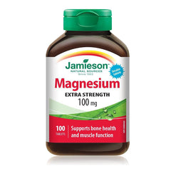 Jamieson Magnesium 100 mg bottle and tablets – front view