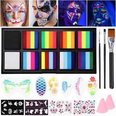 Janolia rainbow face paint kit glows under UV light for vibrant festival designs.