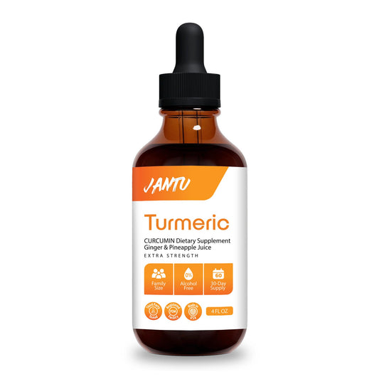 Jantu Liquid Turmeric Curcumin Drops bottle with pineapple flavor, ginger and black pepper