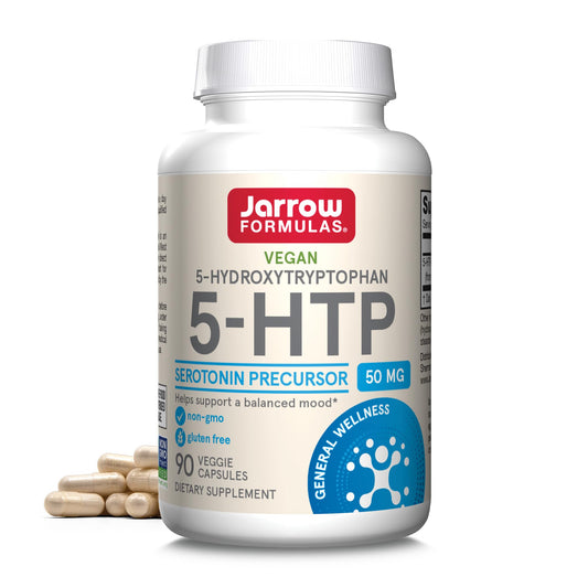 Front view of Jarrow Formulas 5-HTP bottle with 90 veggie capsules
