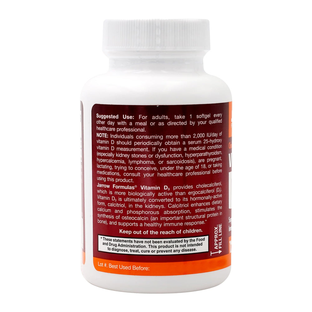 Two bottles of Jarrow Formulas Vitamin D3 5000 IU softgels in packaging