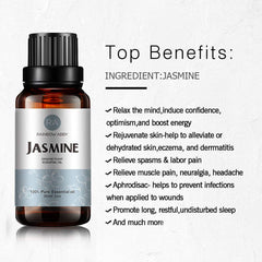 Close-up of jasmine essential oil bottle with dropper