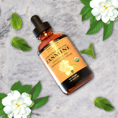 Jasmine Essential Oil in amber glass dropper bottle
