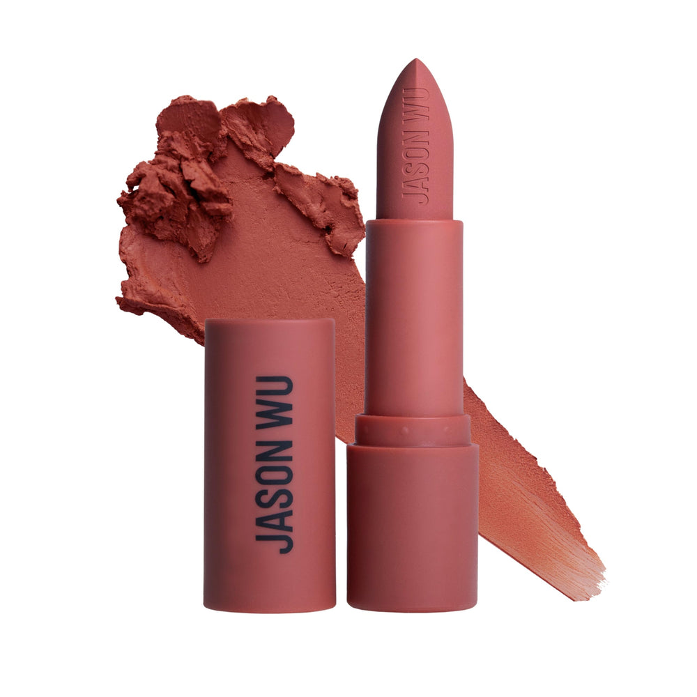 Jason Wu Hot Fluff Apple Pie lipstick swatch reveals weightless matte finish.