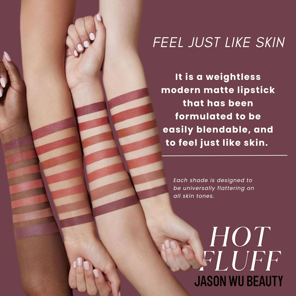 Jason Wu Hot Fluff monochrome look demonstrates versatile 3-in-1 formula across lips, cheeks, eyes.