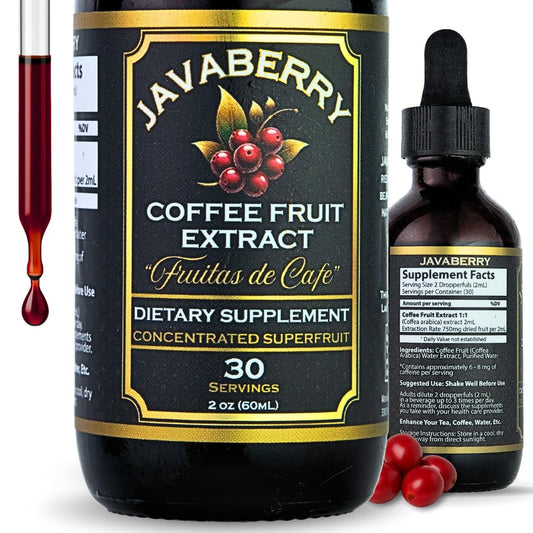 Bottle of Javaberry Coffee Fruit Extract with dropper label