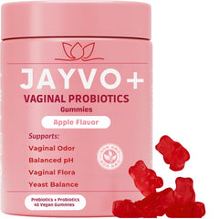 JAYVO vaginal probiotic packaging with bottle of apple-flavored gummies