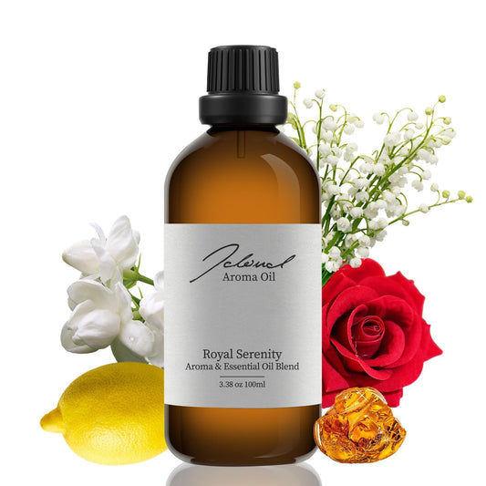 Close-up of JCLOUD Royal Serenity diffuser oil bottle with lemon and jasmine notes