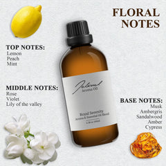 Diffuser oil bottle against warm amber background and wooden accents