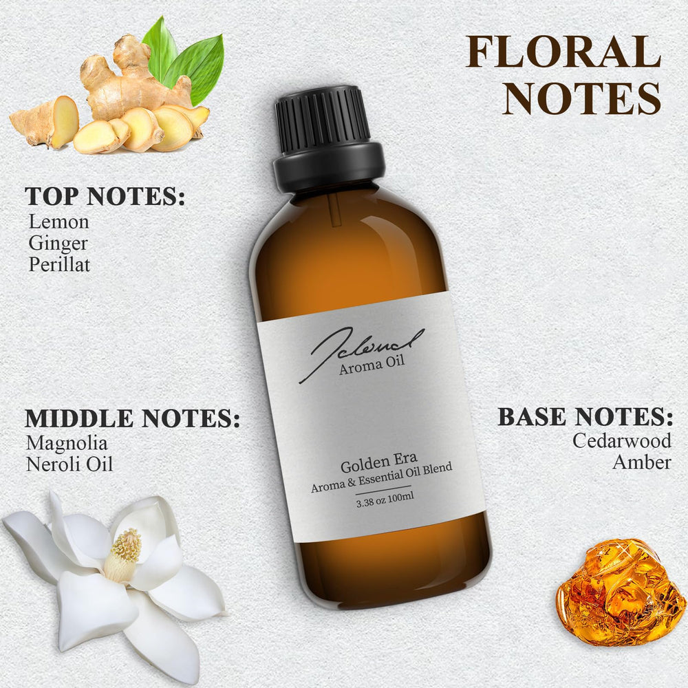 Close-up of diffuser oil bottle showing amber and neroli fragrance