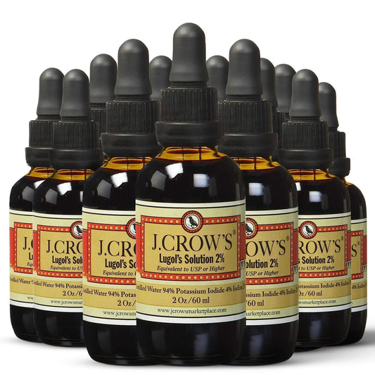 Close-up of J.CROW'S Lugol's iodine 2% dropper bottle