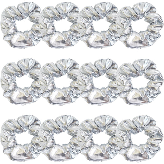 Jeffan 12-pack silver PU leather cheer scrunchies with glittery finish for daily wear