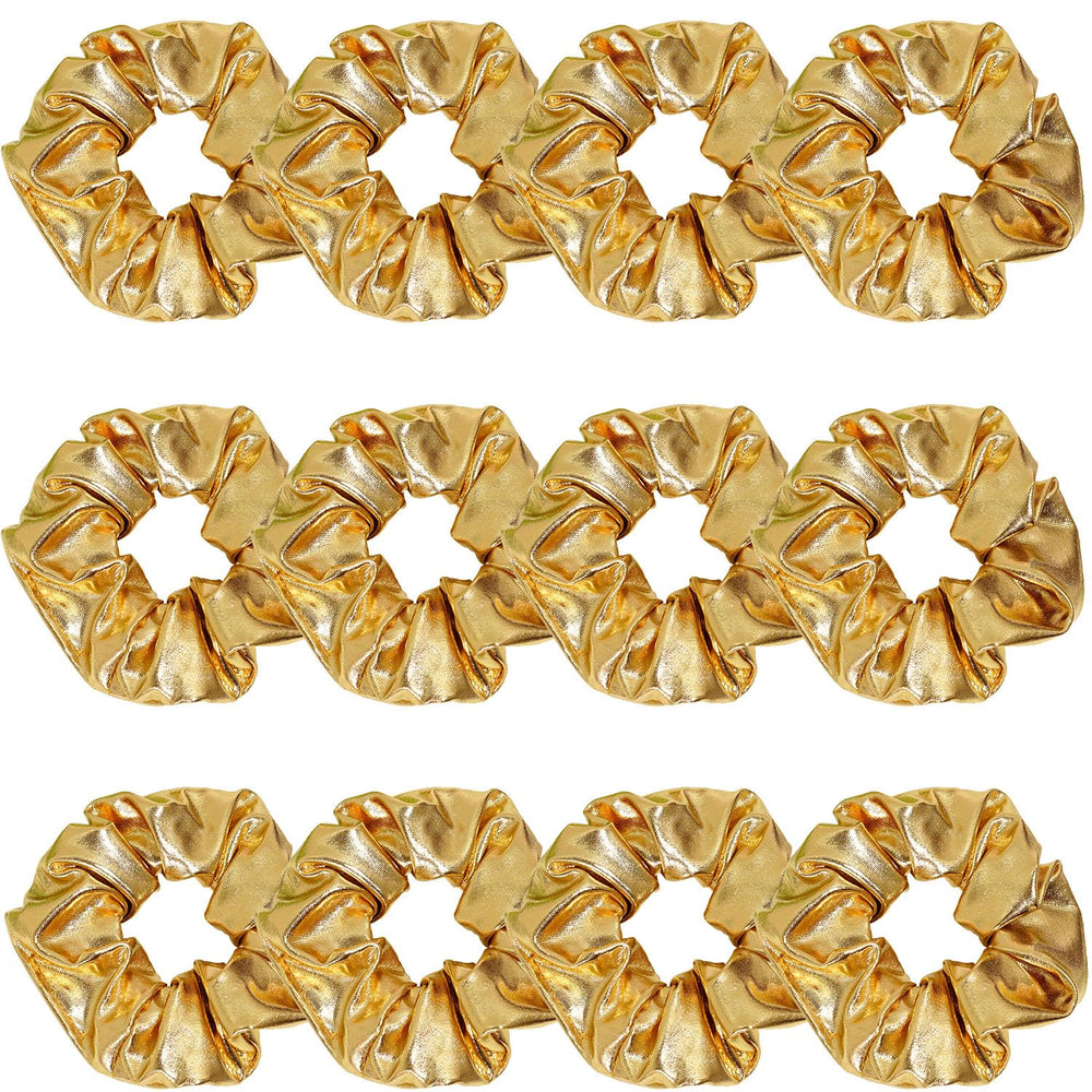 Jeffan 12pc PU Leather Gold Scrunchies pack: shiny ponytail holders for daily wear
