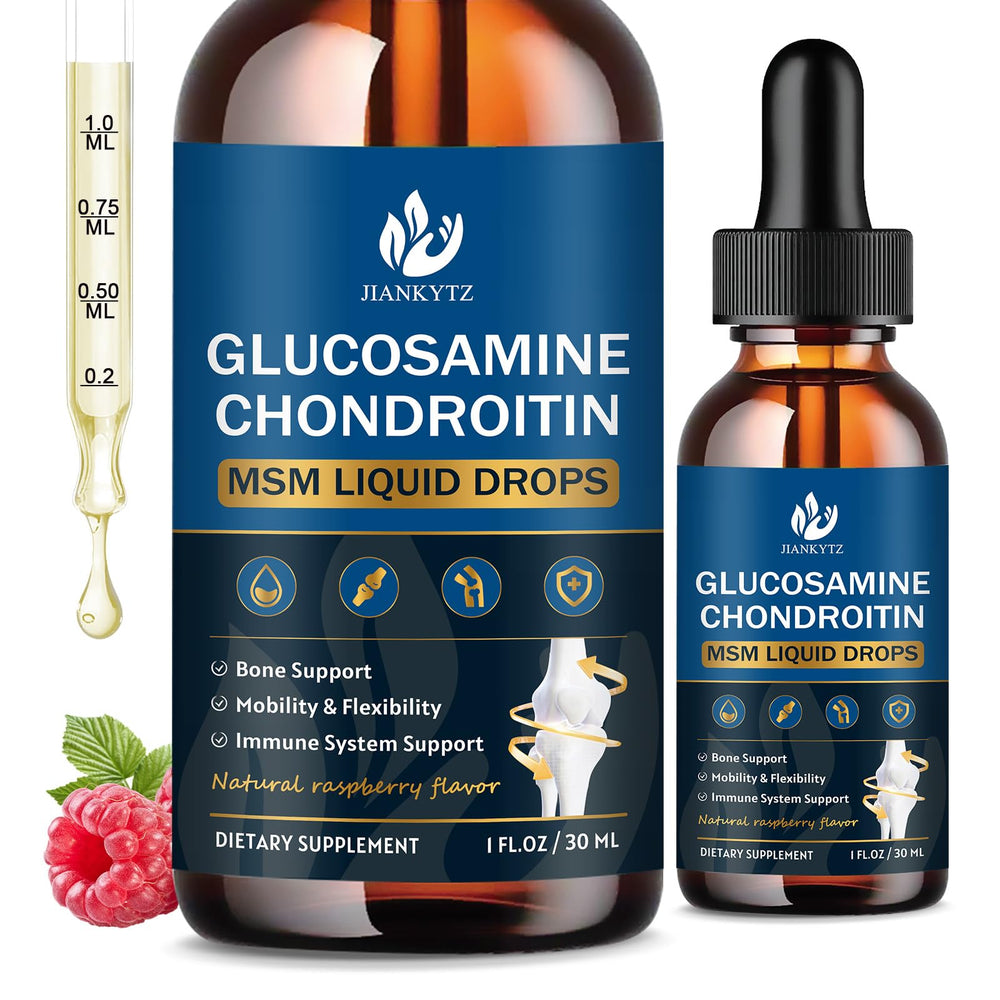 JIANKYTZ Glucosamine Chondroitin MSM Drops Raspberry flavor bottle and drops