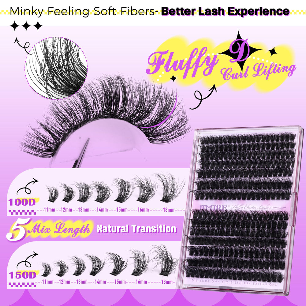 JIMIRE 280-piece volume cluster pack for full, fluffy lashes all day.