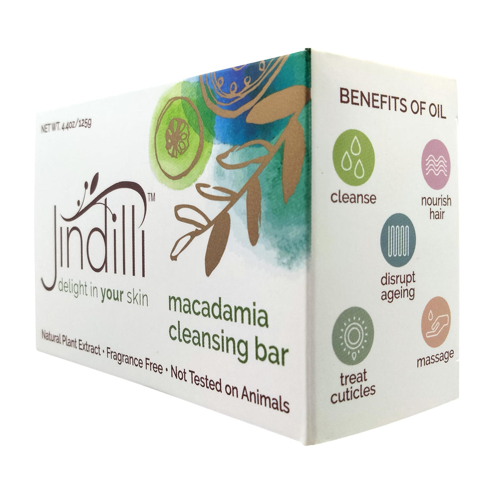 Close-up texture of Jindilli Macadamia Oil Cleansing Bar showing rich hydration.