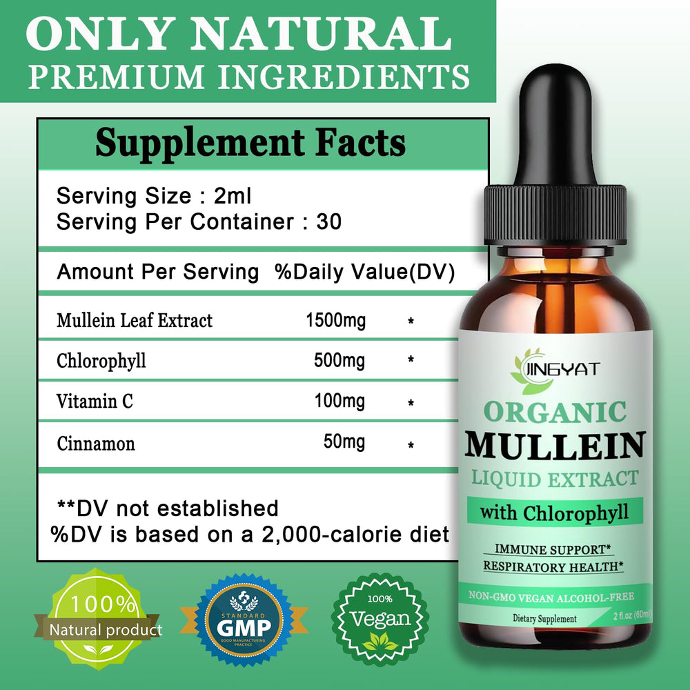 Close-up of ingredients showing mullein leaf, chlorophyll, vitamin C, and cinnamon