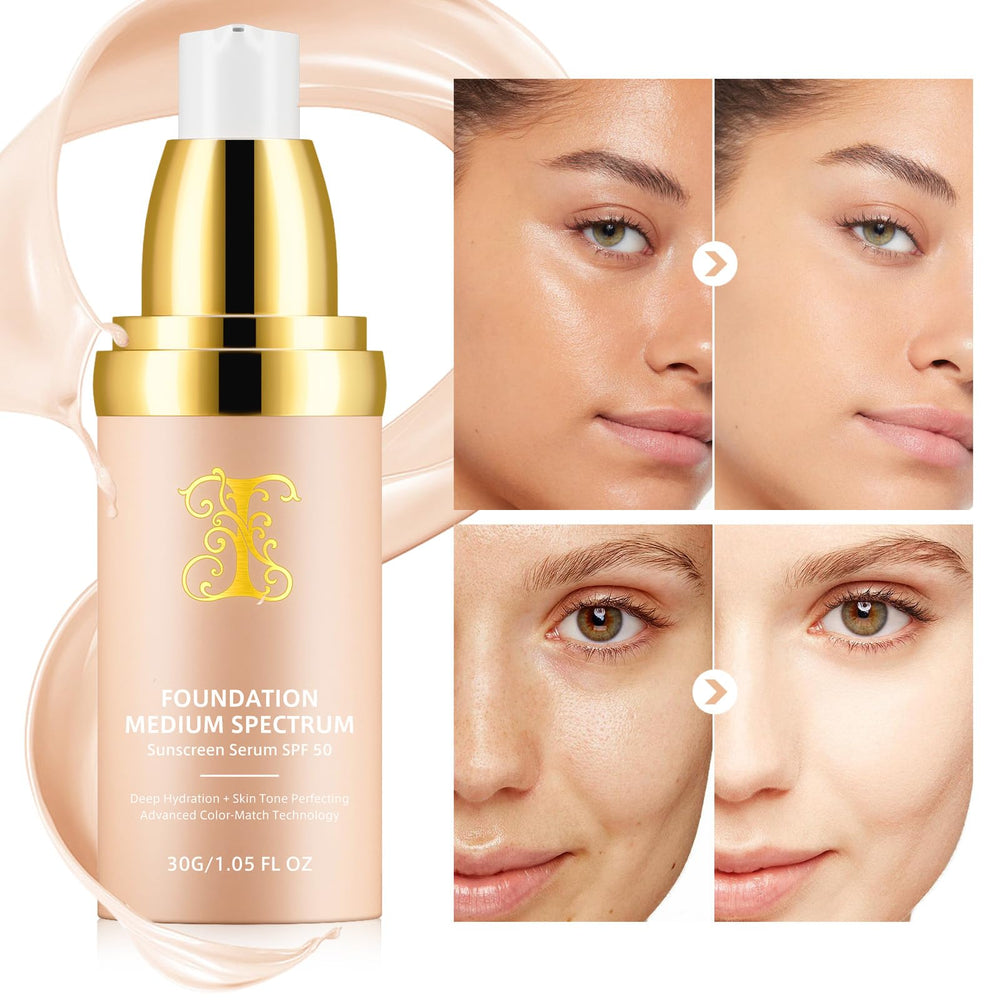 Jiugonggang 4-in-1 foundation SPF 50+ bottle on a clean surface.