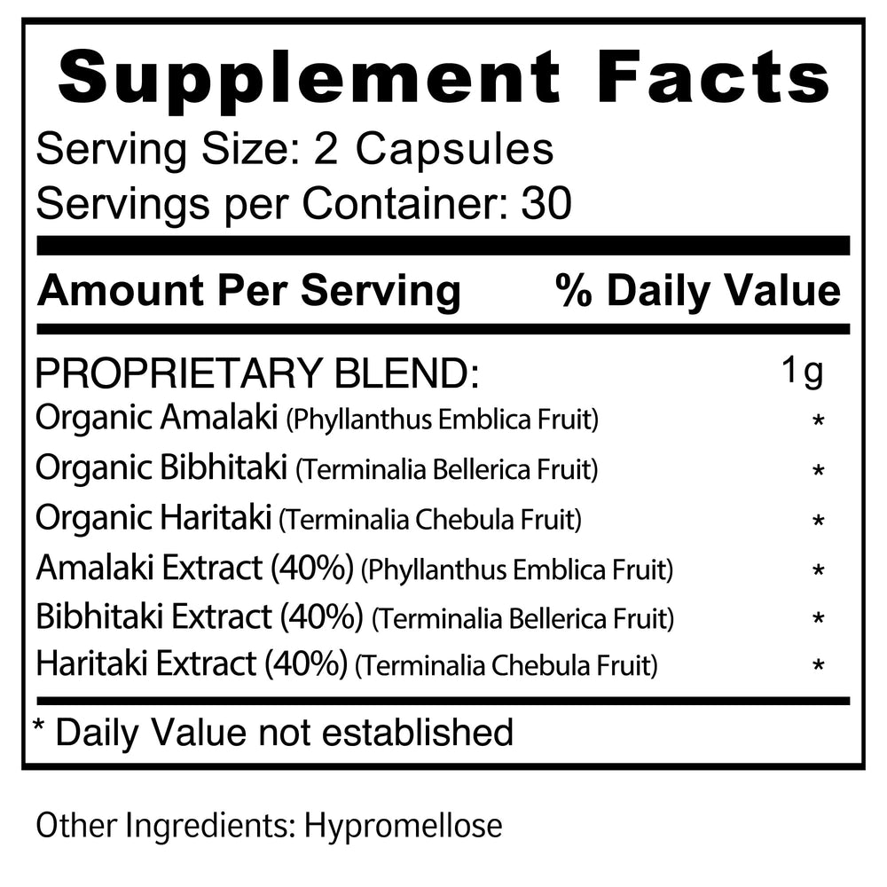 Made in USA Triphala supplement packaging and seal