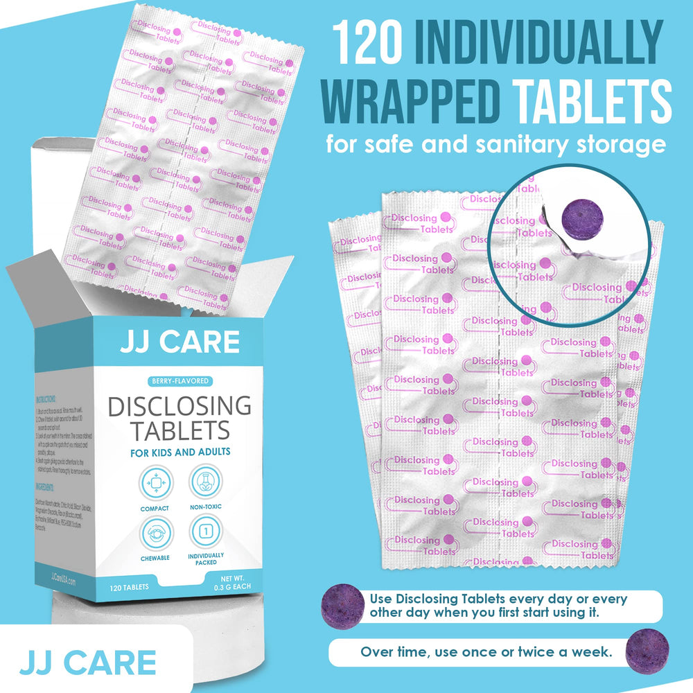 120-count bottle of JJ Care Disclosing Tablets