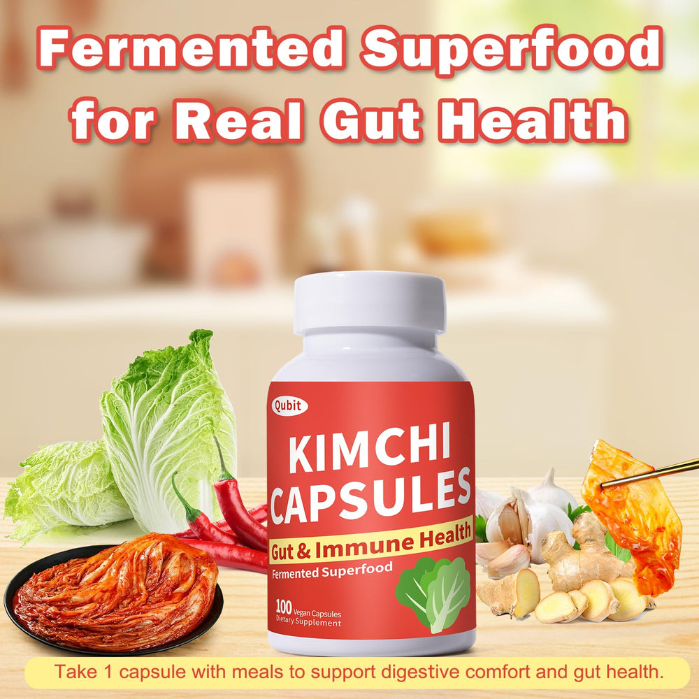 Natural kimchi capsules next to fresh ingredients