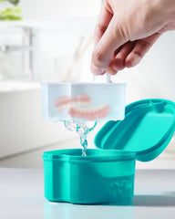 Denture cup featuring a built-in strainer basket – blue color