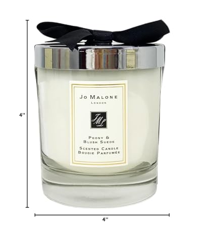 Jo Malone Peony & Blush Suede candle in signature glass enhances refined decor and atmosphere.