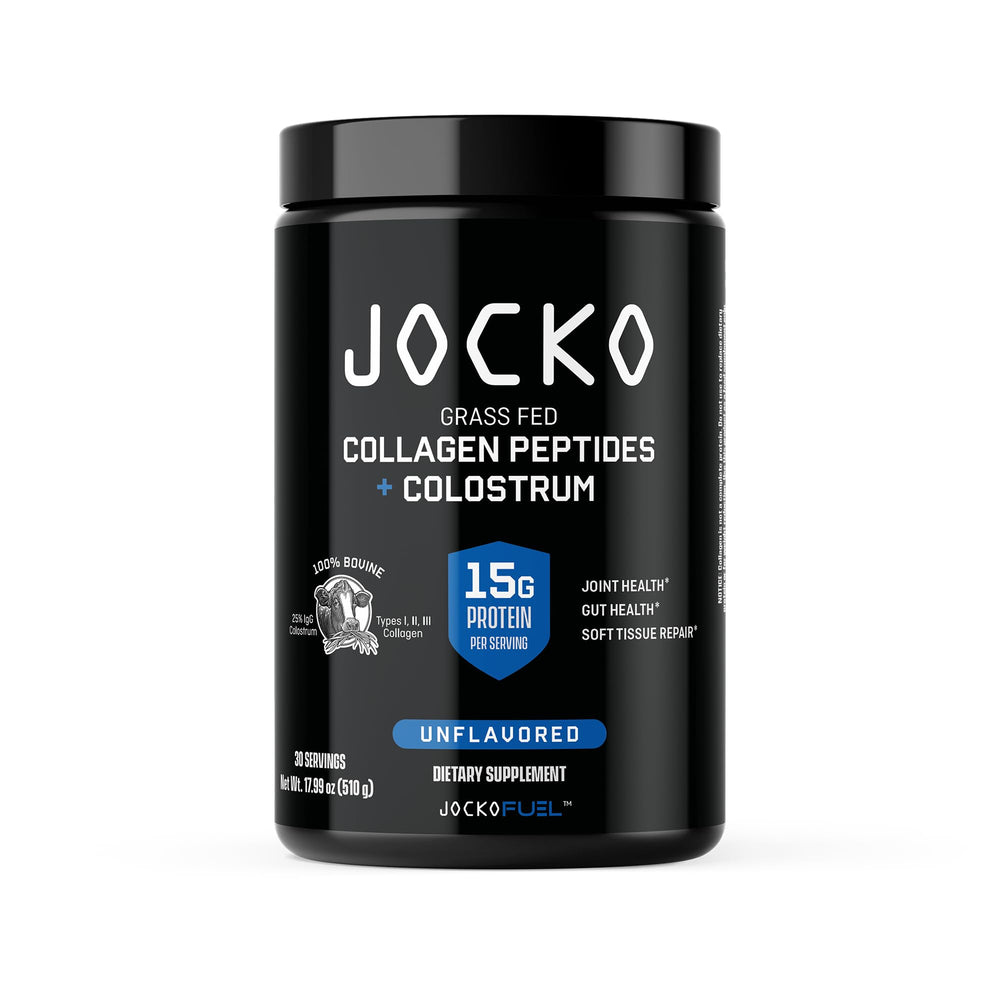 Jocko Fuel Collagen Powder with Colostrum bottle and scoop
