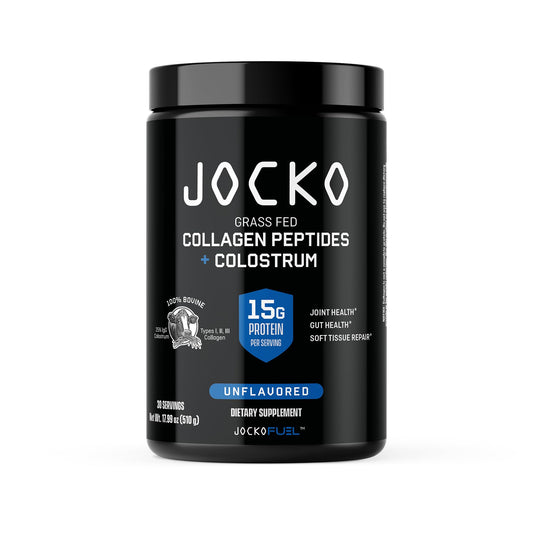 Jocko Fuel Collagen Powder with Colostrum bottle and scoop