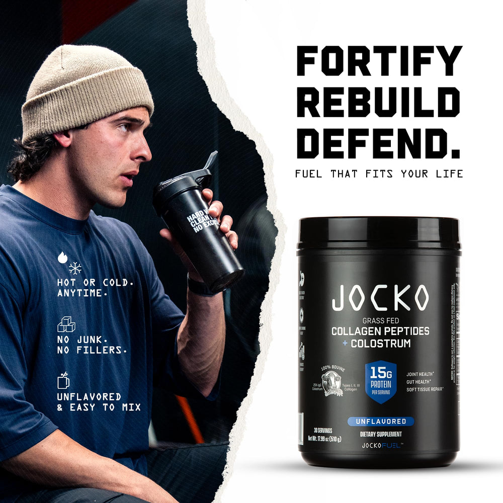 Jocko Fuel label reveals 15g collagen and 2g colostrum per serving.
