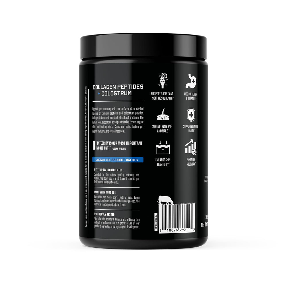 Jocko Fuel Collagen Colostrum powder dissolves smoothly in water for quick recovery.