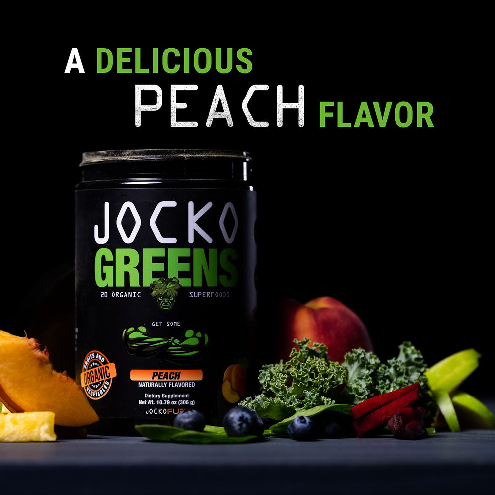 Close-up of Jocko Fuel Daily Greens peach flavor powder showing natural taste.