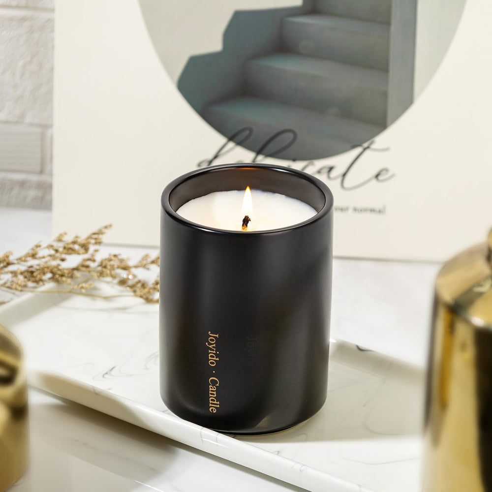 Lavender scented candle on a warm home table for decor ambiance
