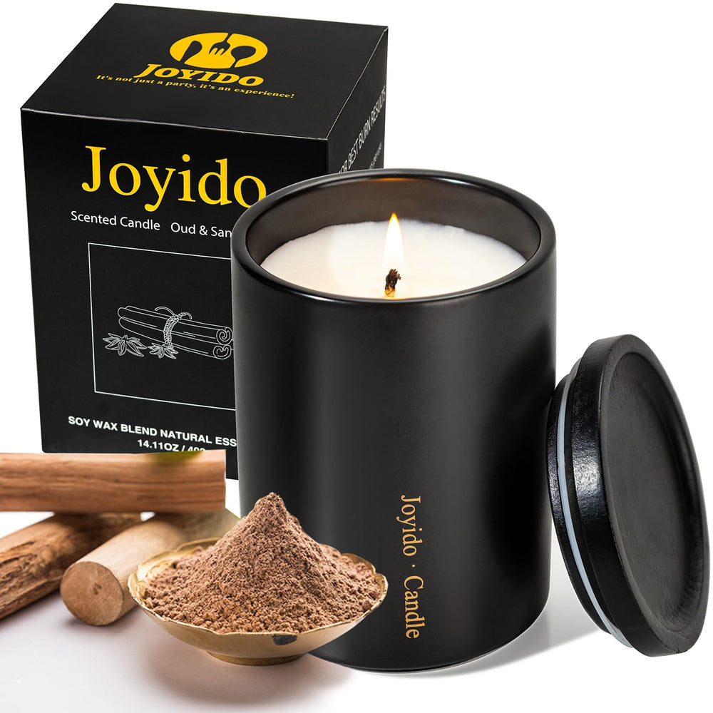 Front view of Joyido 14oz Oud & Sandalwood candle in black ceramic jar with lid.