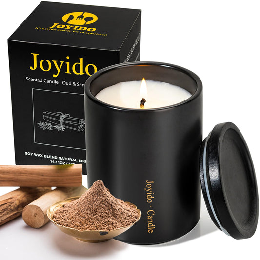 Front view of Joyido 14oz Oud & Sandalwood candle in black ceramic jar with lid.