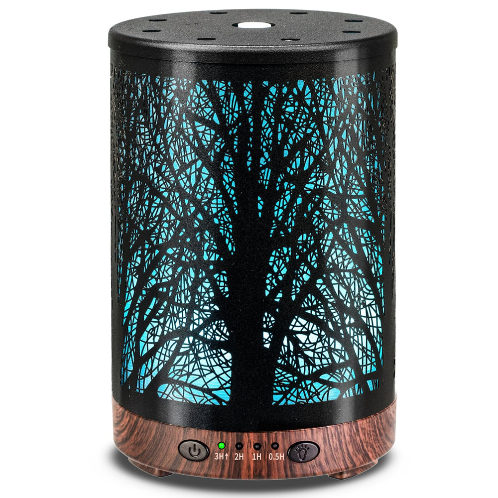JOYOLO 120ML metal essential oil diffuser with tree pattern, front view