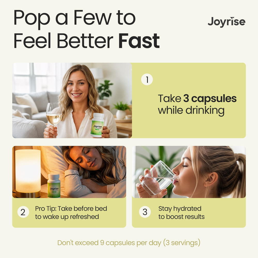 Joyrise capsules pour into hand demonstrating easy, travel-friendly dosing