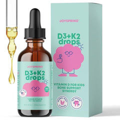 Front view of JoySpring Vitamin D3 K2 kids drops bottle