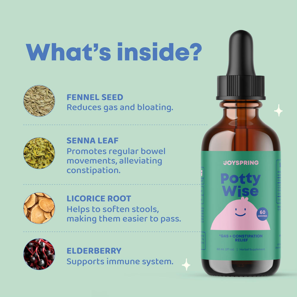 JoySpring Potty Wise elderberry bottle for kid-friendly flavor masking.