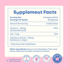Close-up of JoySpring Vitamin C drops label showing elderberry and zinc