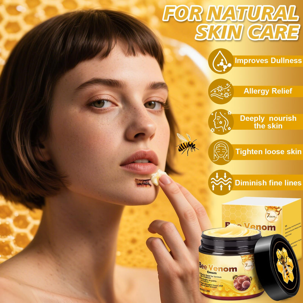 Juanchi Bee Venom Cream jar with hands applying for smoothing.