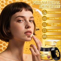 Juanchi Bee Venom Cream jar with hands applying for smoothing.