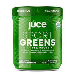Scoop of Juce SG7 greens powder being added to a glass of water
